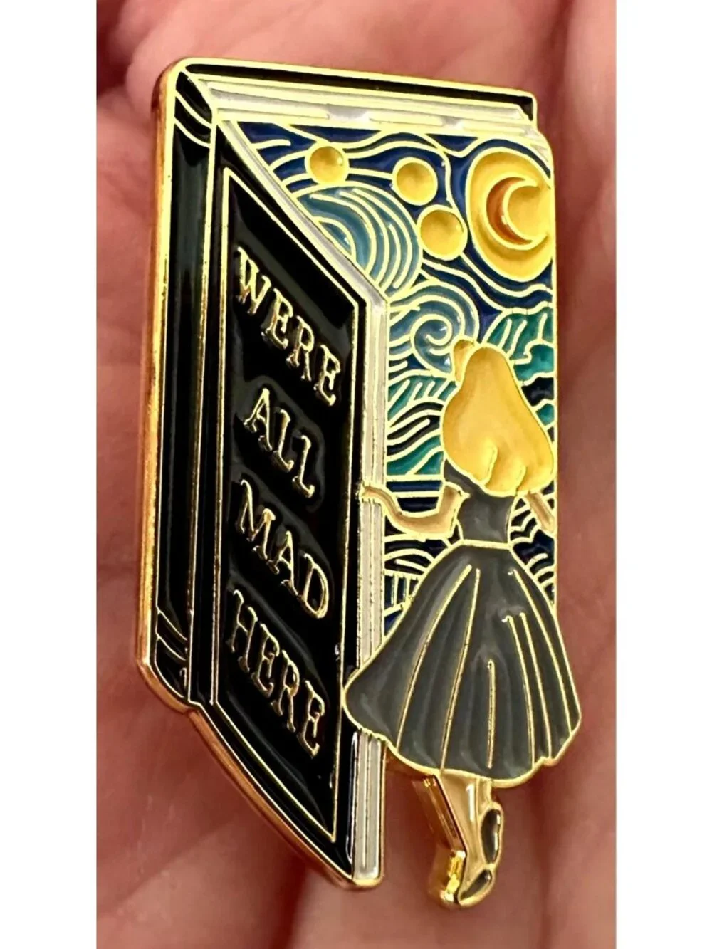Alice in Wonderland Pin We’re All Mad Here Book Design Starry Night Rabbit Hole